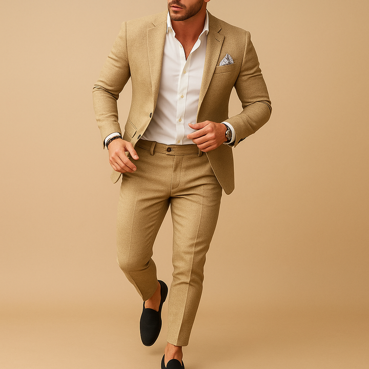 Elegant men's slim fit two-piece suit, featuring a stylish blazer & matching trousers for formal events & weddings.