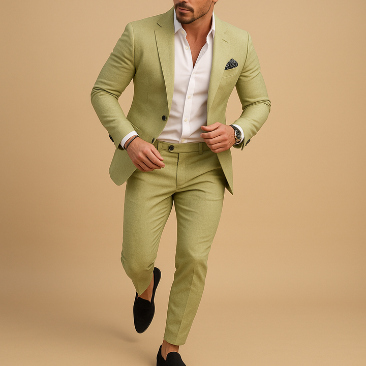 Modern men's slim fit business suit set; sharp blazer & trousers for office, formalwear, or special occasion style.