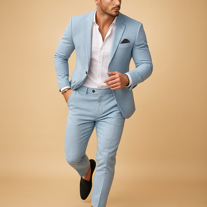 Contemporary men's slim fit formal suit, a comfortable blazer & trousers set designed for modern business or event wear.