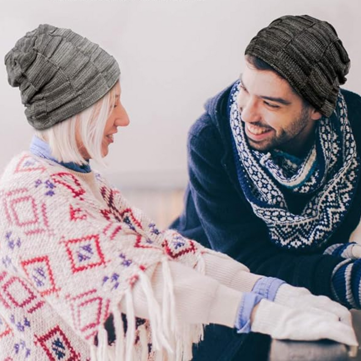 Multicolor knitted slouchy beanie hat, a warm unisex accessory designed for ultimate winter comfort.