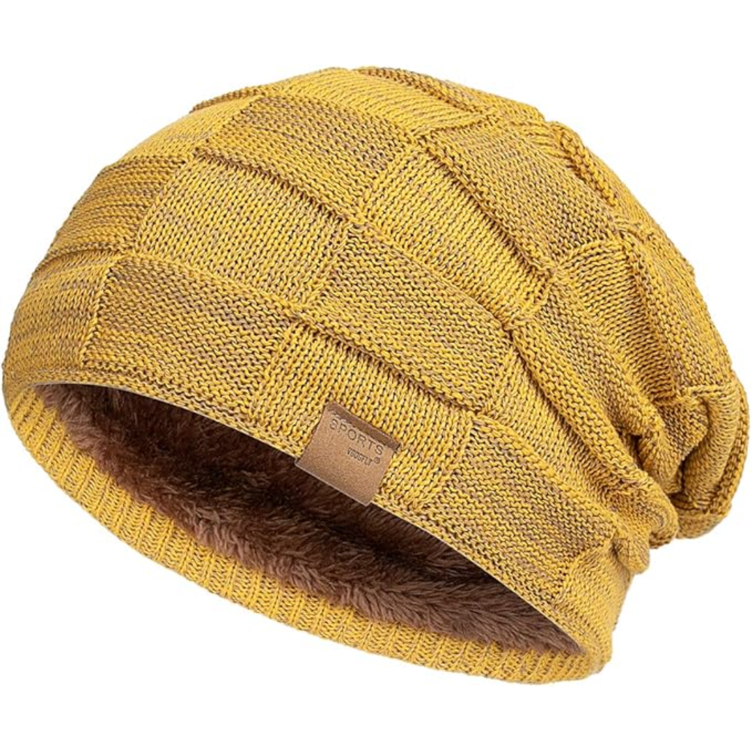Unisex slouchy knitted beanie hat in classic black for warm winter comfort & casual style.
