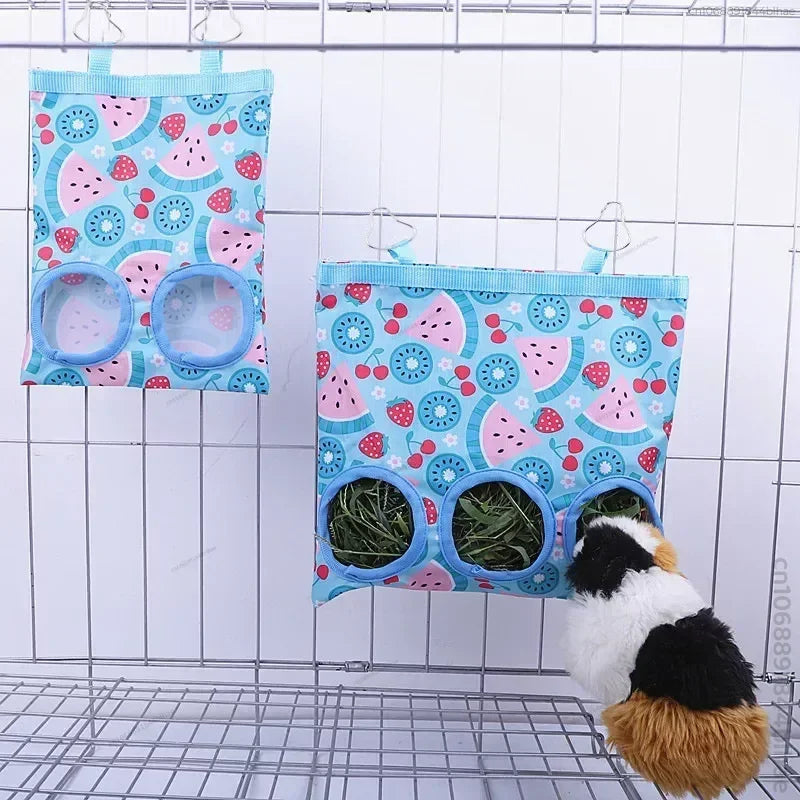 Durable hay feeder bag with metal clip, essential rabbit and guinea pig supplies