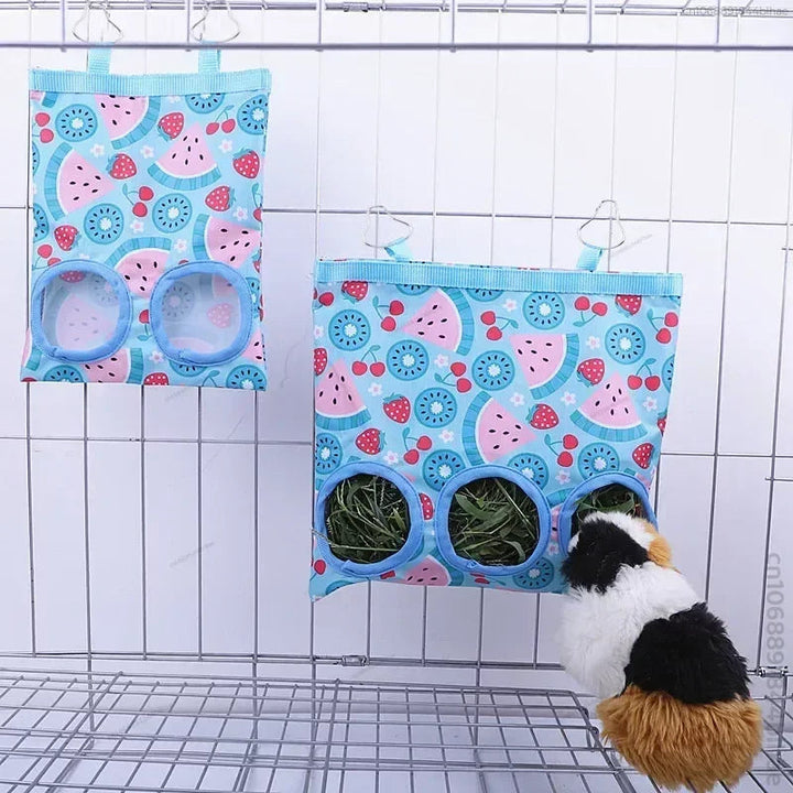 Durable hay feeder bag with metal clip, essential rabbit and guinea pig supplies