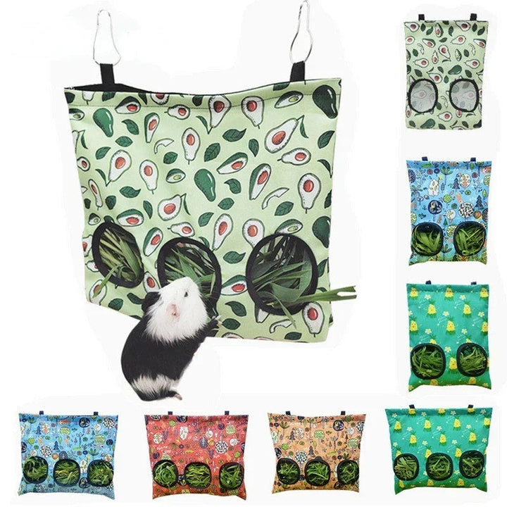 Guinea pig hay feeder bag, durable Oxford fabric, reduces waste, easy cage attachment