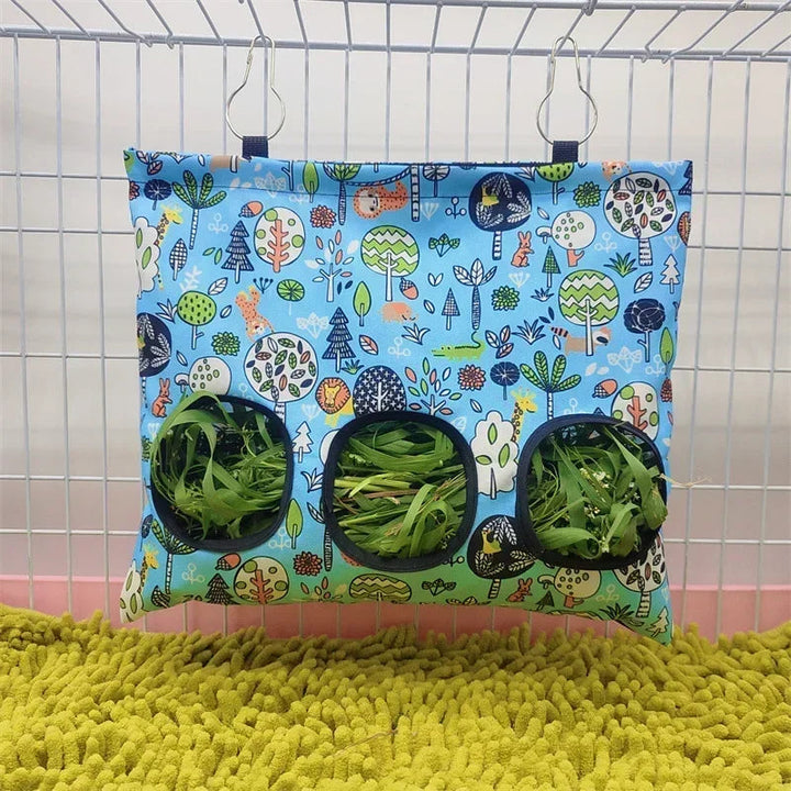 Rabbit hay bag, secure metal hooks, promotes clean feeding for small animals
