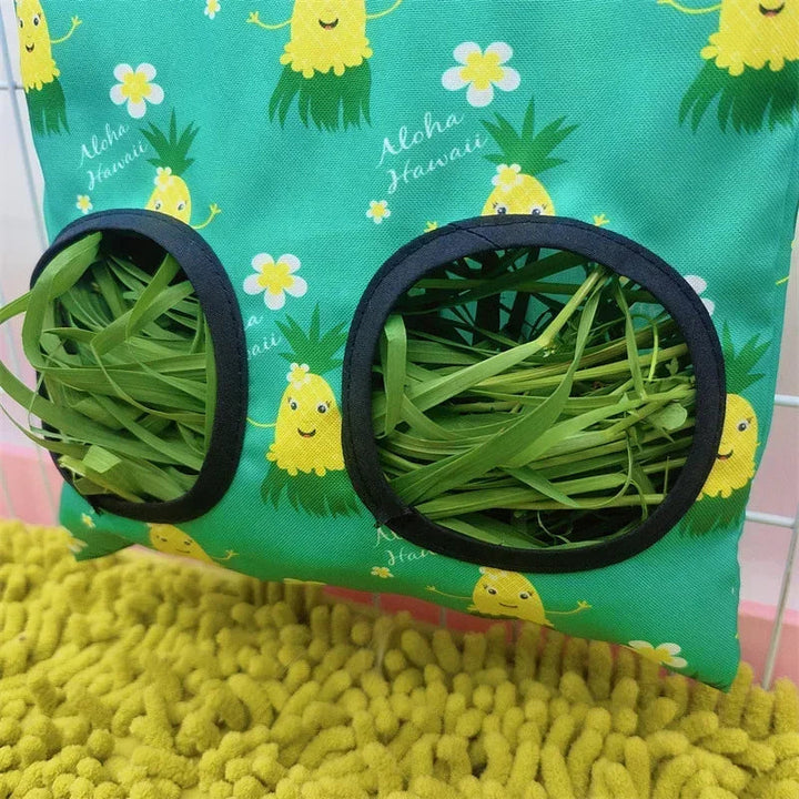 Small animal food holder, Oxford fabric hay bag with metal hooks, waste reduction design