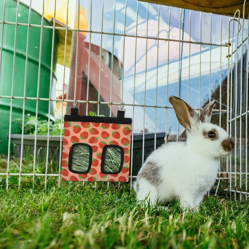 Rabbit supplies: Oxford cloth hay feeder bag with metal hooks for secure attachment