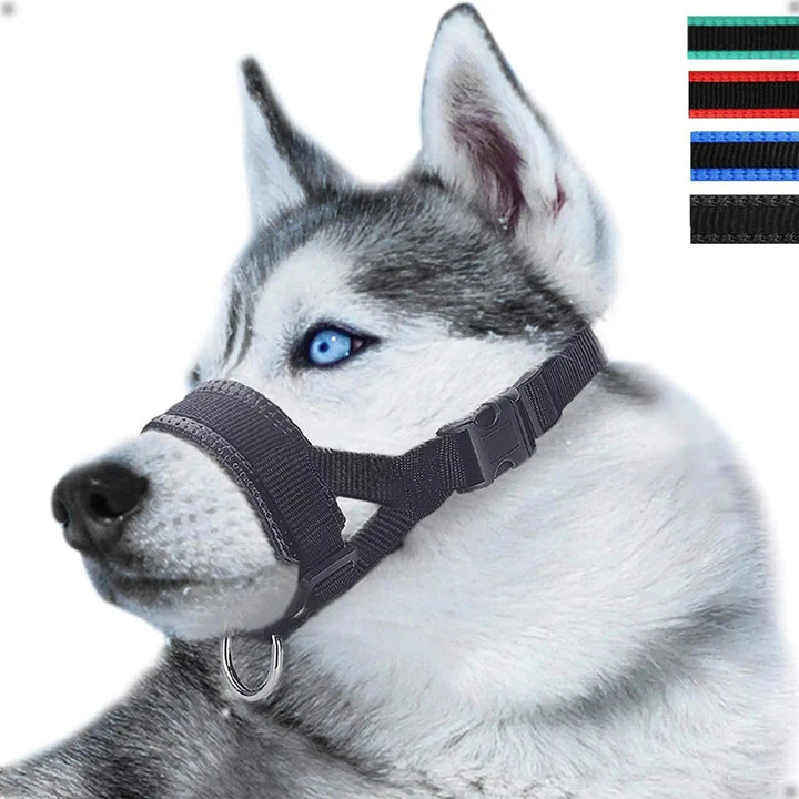 Nylon dog muzzle in blue, breathable mesh for small pets, anti-bite and comfortable.