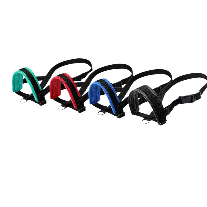 Adjustable pet muzzle in red, breathable nylon for small dogs, ideal for training.