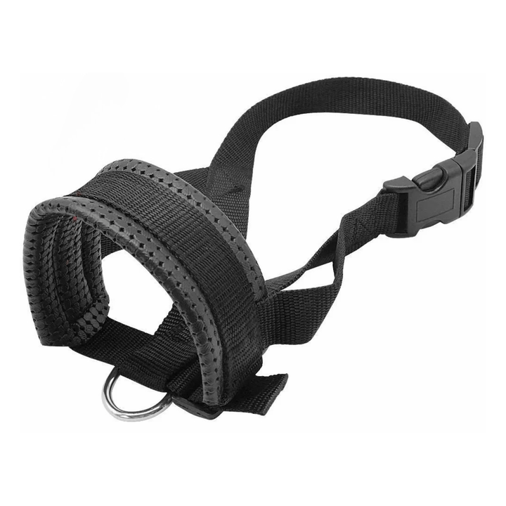 Beige breathable nylon dog muzzle for small breeds, anti-bark and anti-bite pet accessory.