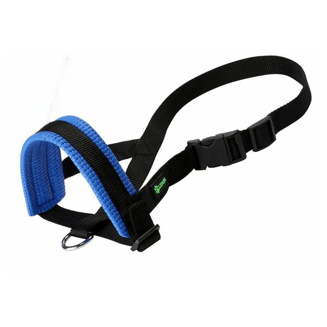 Close-up of a small pet nylon muzzle, breathable design in black for dog training.