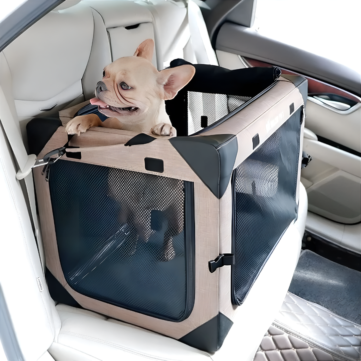Pet travel car seat in blue, for small pets, featuring a mesh window and storage pockets