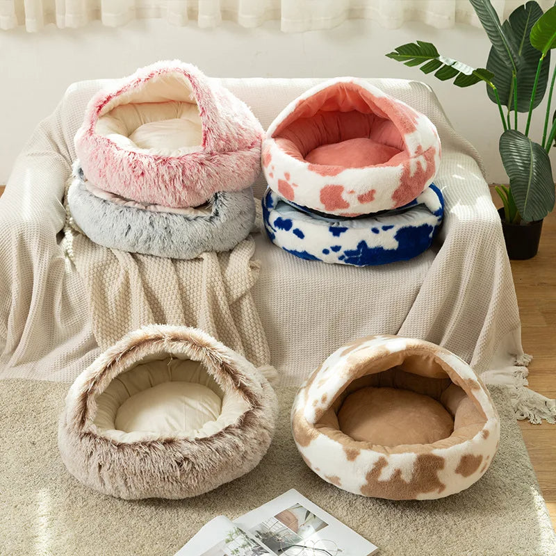 Soft fleece pet cave bed, non-slip bottom, providing a calming and cozy space for small pets