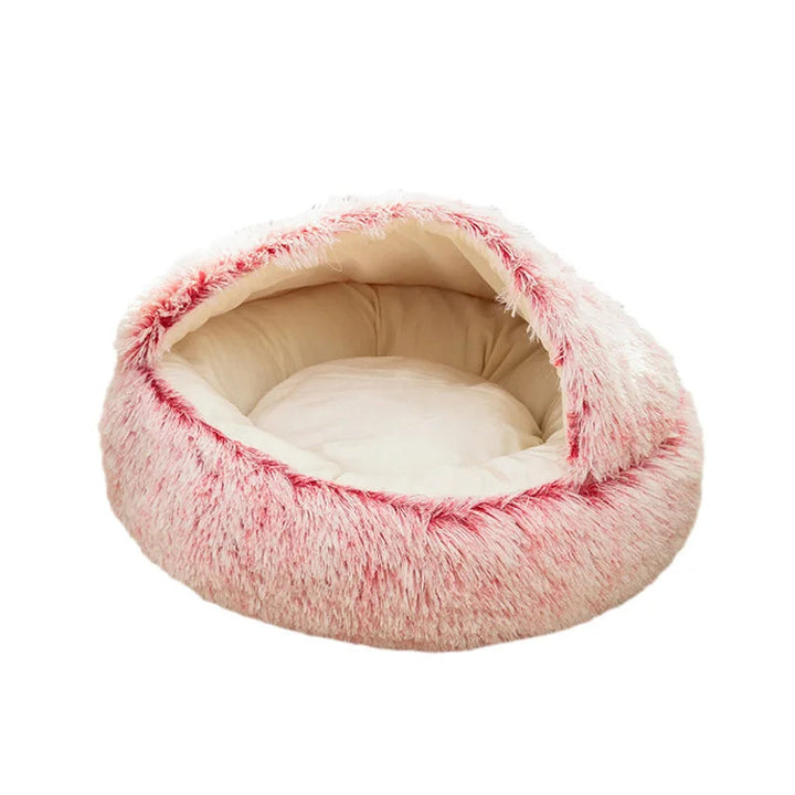 Small dog bed cave in plush fleece, non-slip, designed for calming and cozy pet sleep