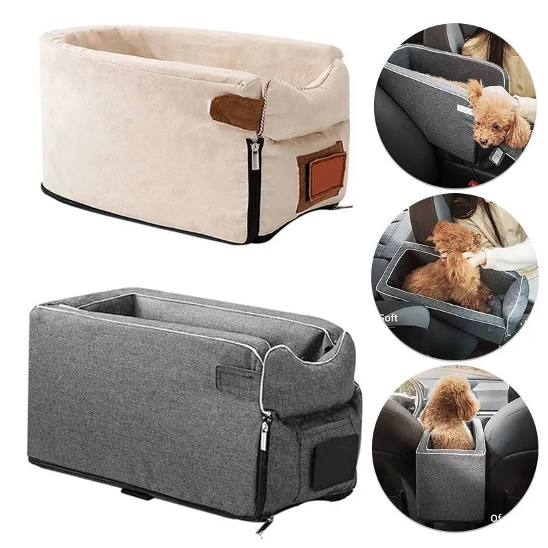 Tan car console pet seat for small dogs, ensuring pet safety during travel; versatile pet travel accessory.