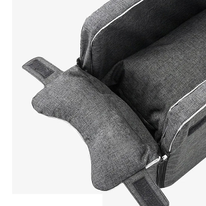 Plush interior of a small dog car carrier, offering comfort and security for pet travel.