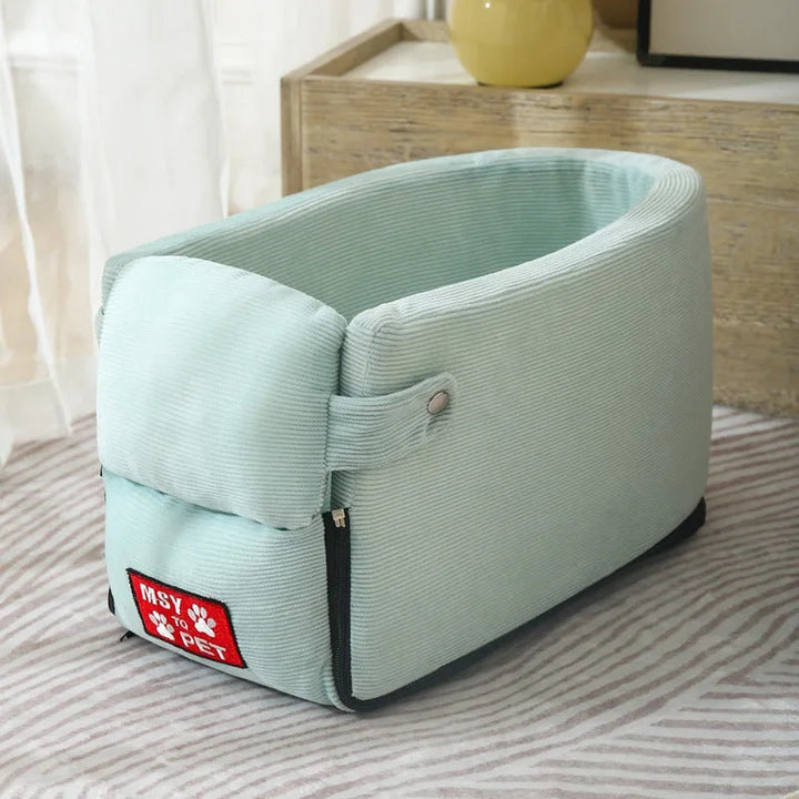 Durable small dog car console carrier, built for pet safety and comfortable car rides.