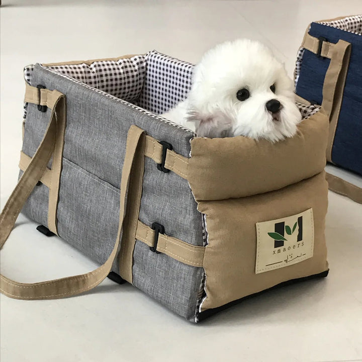 Small dog car seat carrier, elevating pet for a window view, ideal for comfortable travel.