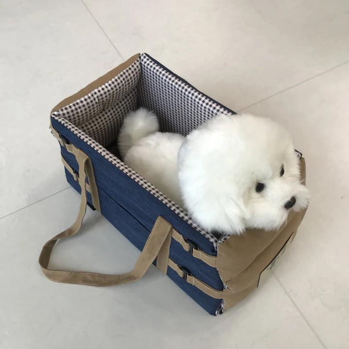 Blue small dog car seat carrier, a portable car crate for secure and cozy pet travel.