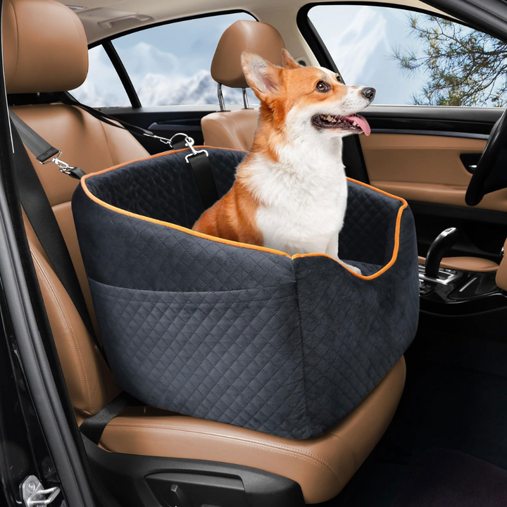 Beige dog car booster seat for small pets on a car's passenger seat, ensuring safe and elevated travel.