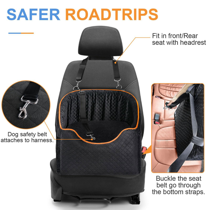 Close-up of a small dog enjoying a car ride in a patterned dog booster seat, secured for pet safety.
