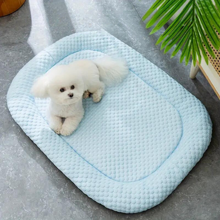 Close-up of ice silk fabric on a cooling dog bed, showing breathable pet comfort material