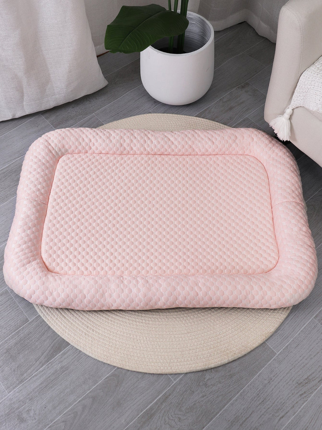 Top view of a rectangular cooling dog bed with memory foam, ideal for pet relaxation