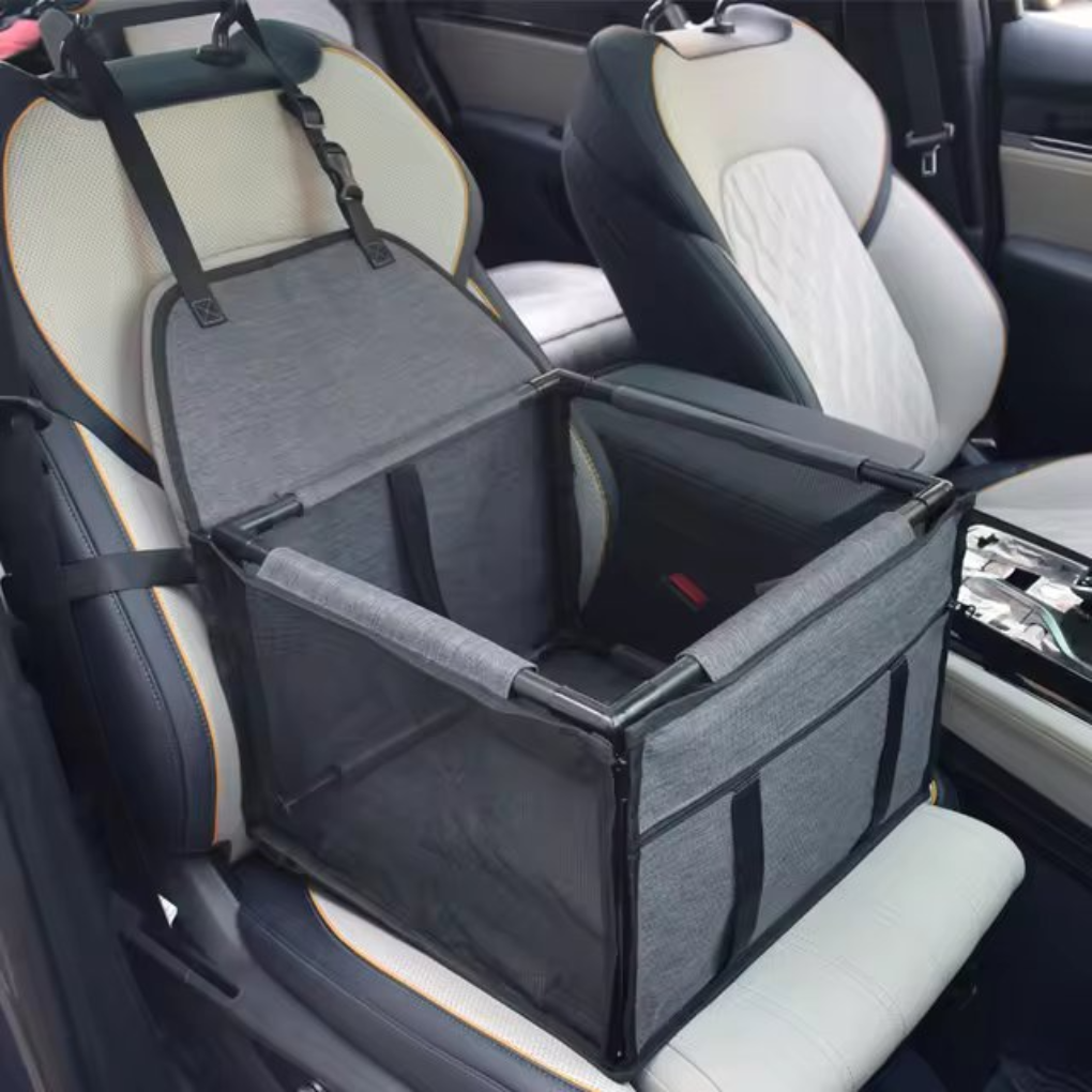 Small dog elevated pet car seat, providing a secure and comfortable booster for safe canine travel.