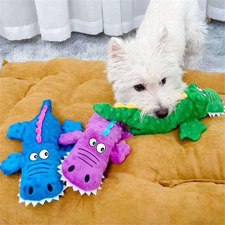 Close-up of a plush squeaky dog toy, highlighting its durable fabric and chew-friendly texture.