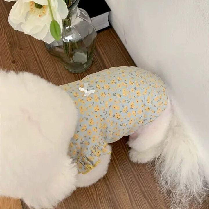 Spring/summer floral dog vest, offering a comfortable fit for active small pets.