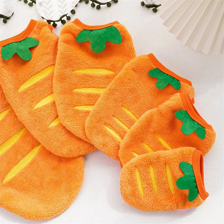 Front view of a pet carrot costume, vibrant orange with green top, suitable for small dogs & cats