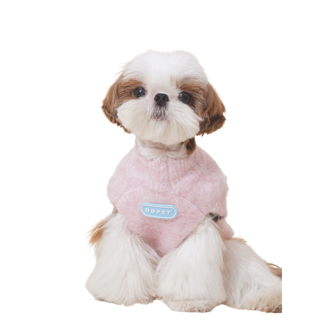 Close-up of a blue high-neck knitted dog sweater, showing texture, warm pet clothing