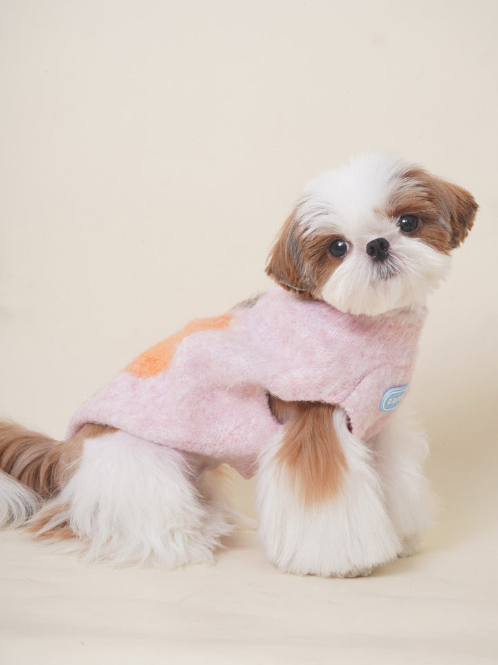 Purple high-neck knitted dog sweater on a white background, pet apparel, cozy dog wear