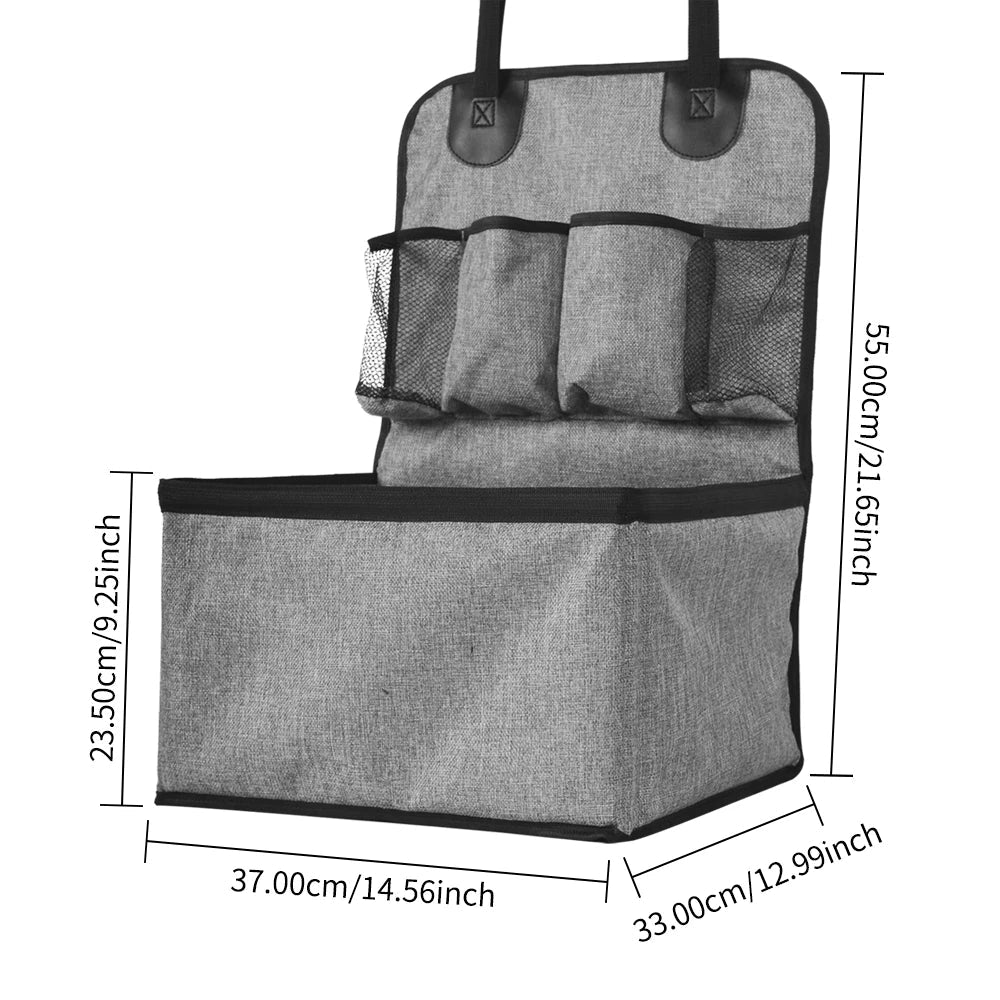 Elevated pet car seat with storage, view from the side, demonstrating its foldable design