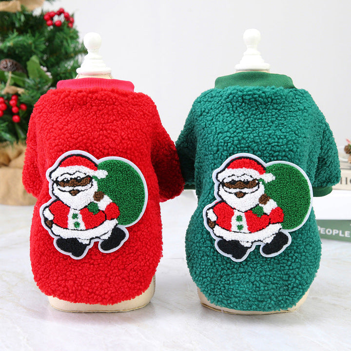 Small dog in festive red fleece Christmas sweater with white snowflake pattern, warm holiday pet outfit.
