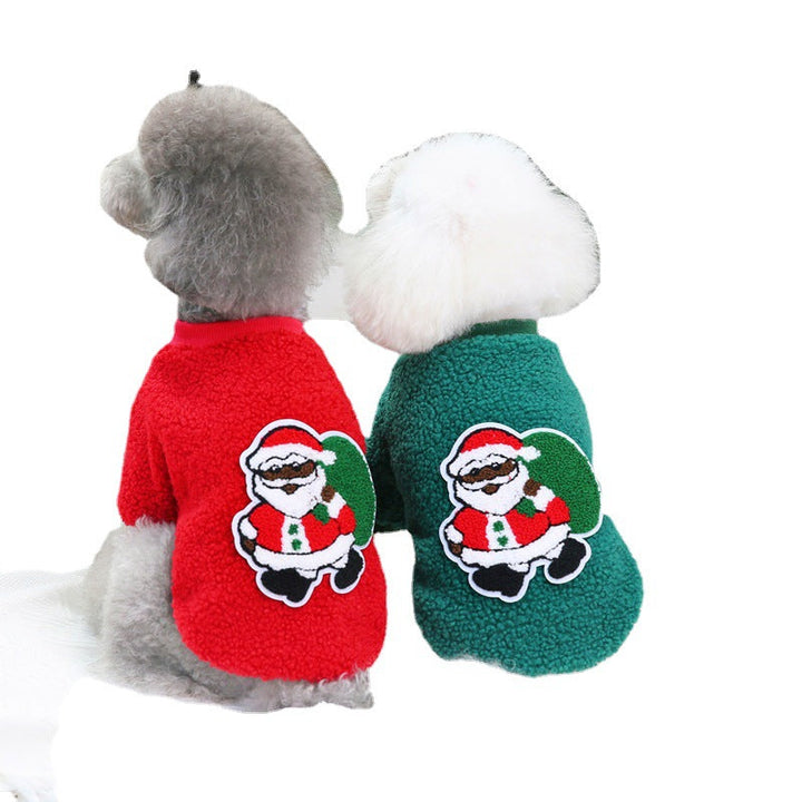 Close-up of a warm dog Christmas fleece sweater with a playful reindeer design, holiday pet clothing.
