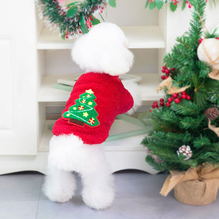 Adorable pug modeling a soft blue fleece Christmas sweater, comfortable winter holiday dog outfit.