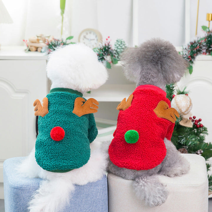 Dog Christmas sweater: red fleece fabric with 'Happy Holidays' text, ideal pet clothing for small dogs.