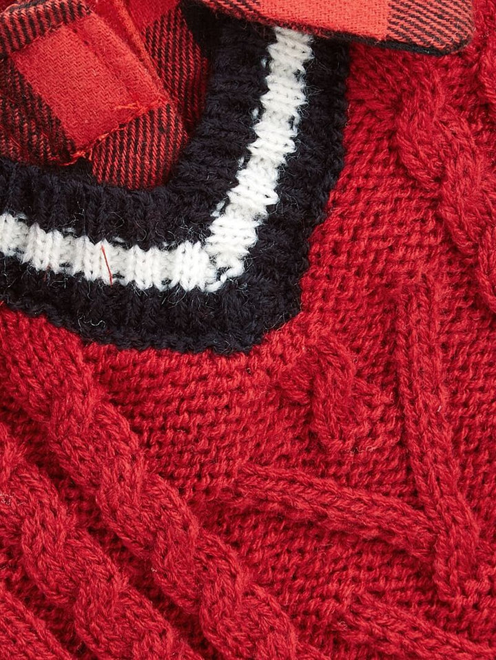 Red plaid collar cable knit dog sweater vest with soft texture, winter pet clothes.