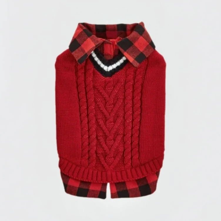 Close-up of the elegant cable knit and plaid collar design on a dog sweater.