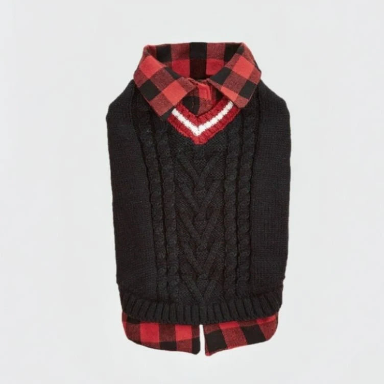 Dog enjoying a walk in a well-fitted, warm cable knit sweater vest with plaid accent.