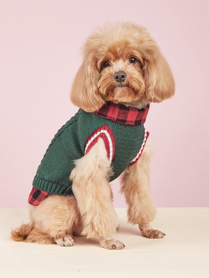 Detailed shot of the plaid fabric collar on a warm, soft dog sweater vest.