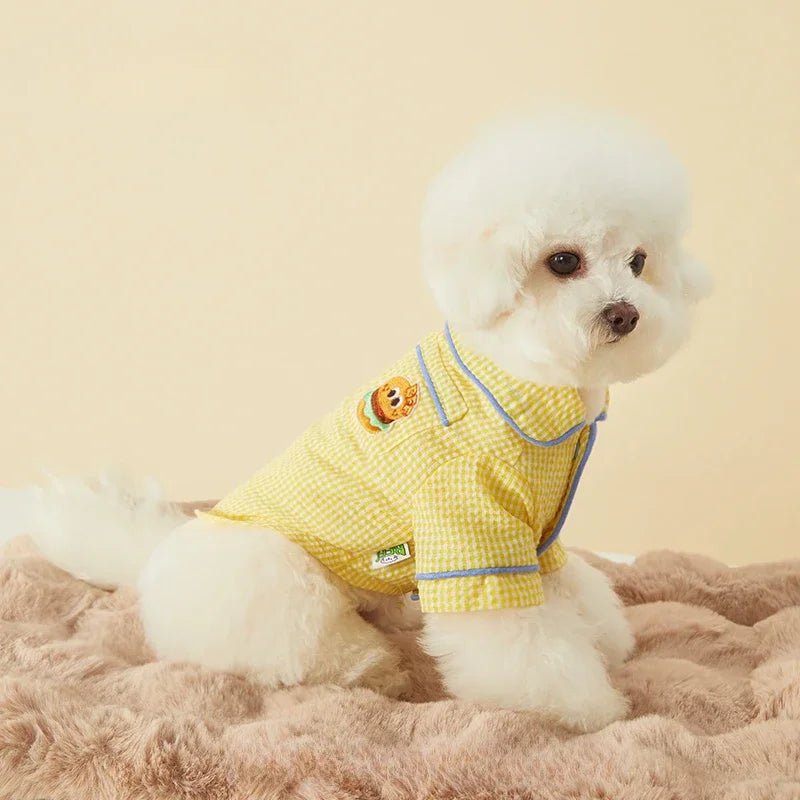 Small dog in red plaid cotton loungewear, cozy pet pajamas