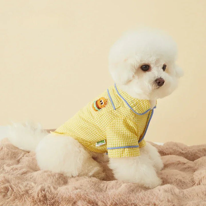 Small dog in red plaid cotton loungewear, cozy pet pajamas