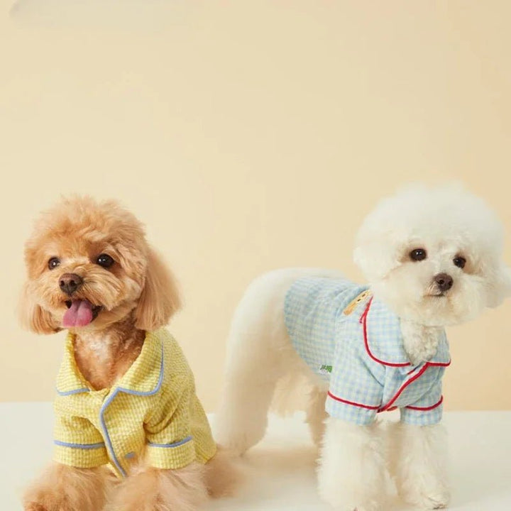 Stylish small dog in blue plaid loungewear, soft cotton pet pajamas