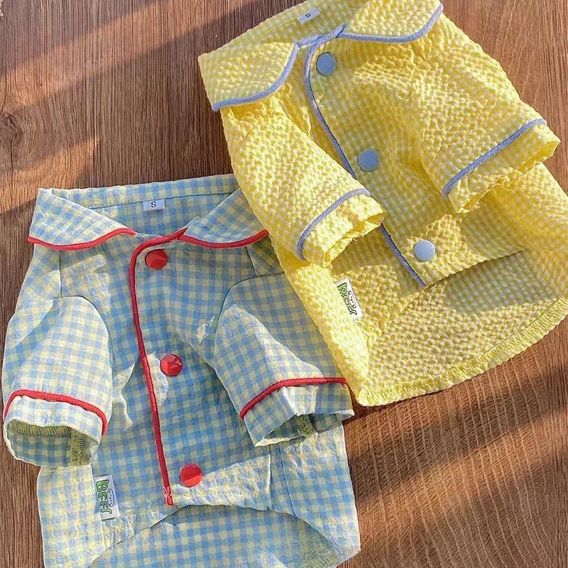 Close-up of plaid cotton fabric on dog loungewear, cozy pet wear
