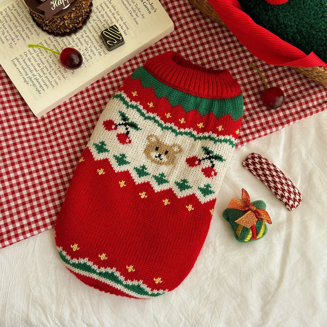 Small dog in red & white 'Cozy Pet Christmas Sweater' with snowflake design, front view, warm holiday pullover