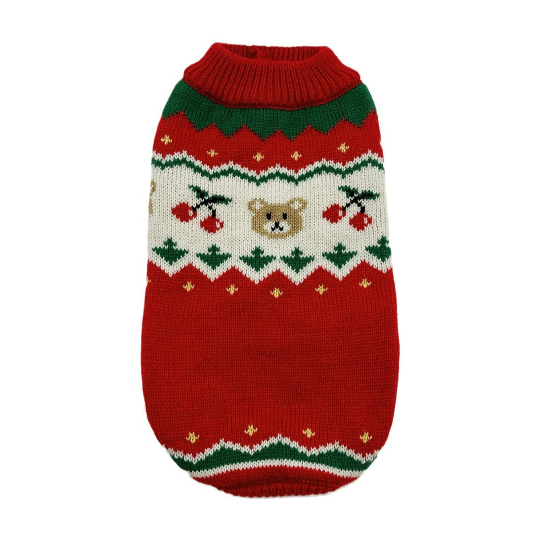 Back view of small dog wearing red 'Cozy Pet Christmas Sweater', festive dog apparel