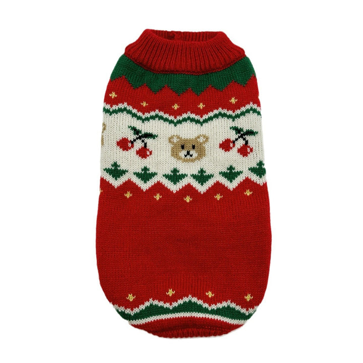 Back view of small dog wearing red 'Cozy Pet Christmas Sweater', festive dog apparel