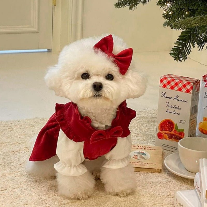 Small dog princess dress set with pink bow accents and ruffled skirt, perfect for pet parties.
